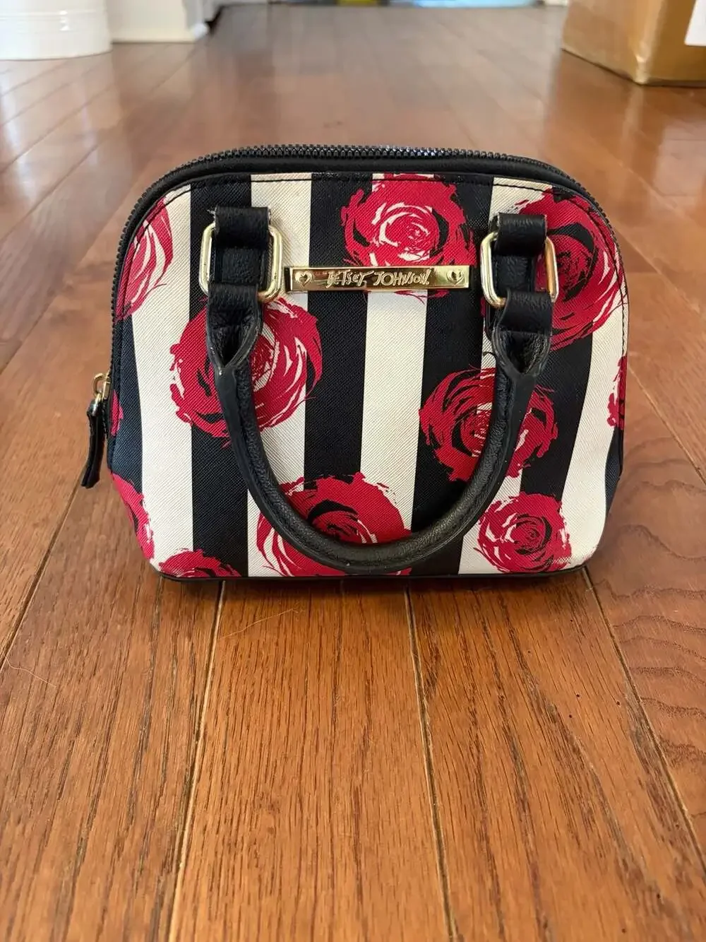 Betsey Johnson Black and White Striped Rose Print Mini Dome Satchel Handbag